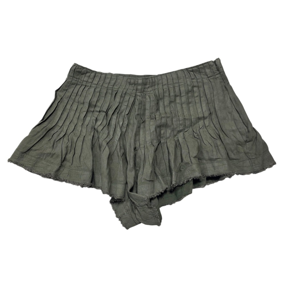 Anthropologie Pleated Linen Blend Shorts Women 10 Olive Green Raw Hem Boho
